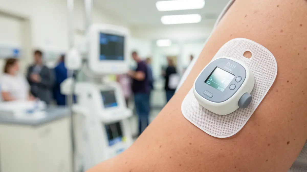 Image of an automated insulin pump without a catheter, an advanced medical technology for treating type 1 diabetes.