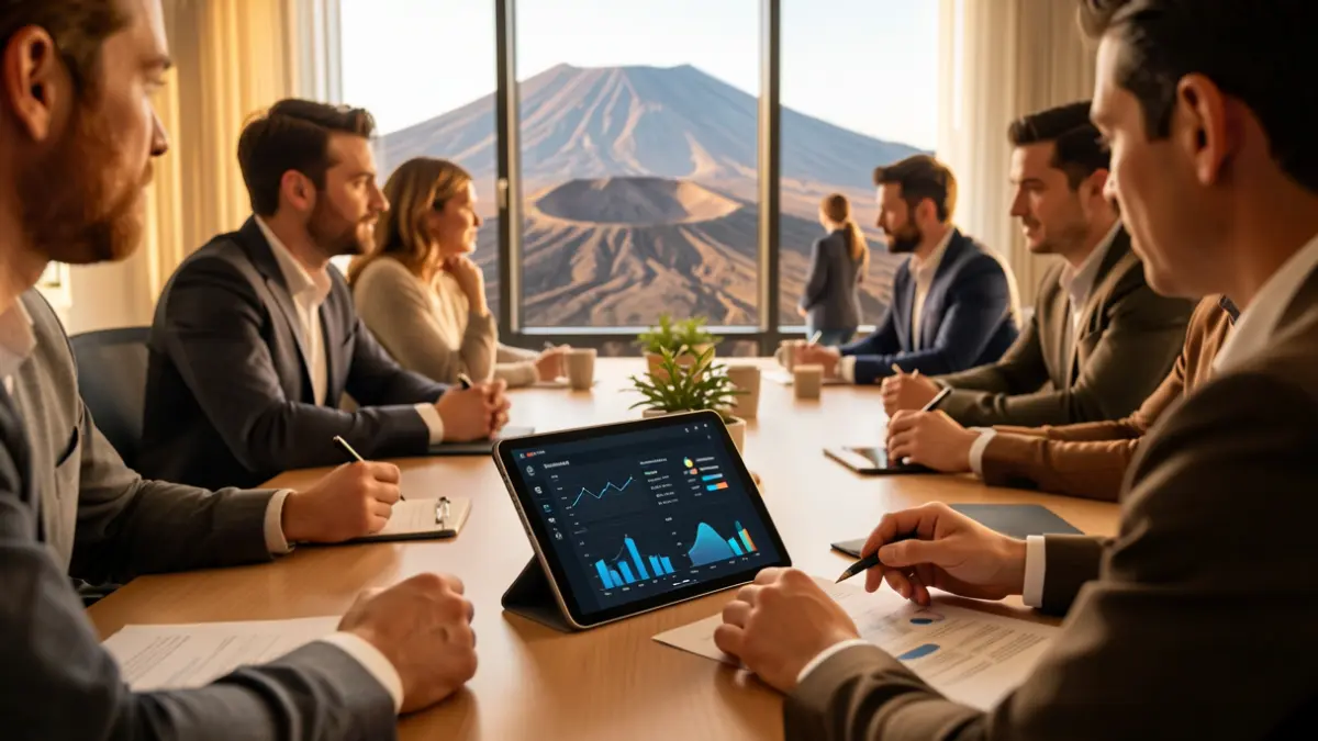 Imagen de un espacio de trabajo moderno en Fuerteventura con personas colaborando en transformación digital.