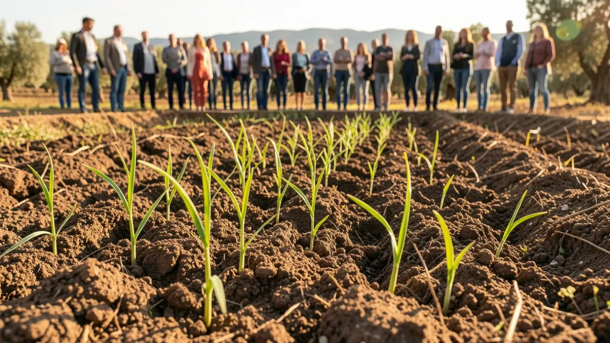 Close-up of fertile soil with green sprouts emerging, symbolizing regeneration and growth in the Andalusian countryside.