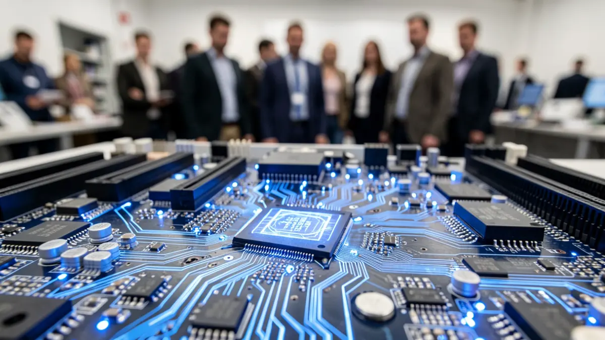 Placa base de ordenador con circuitos y luces azules, representando inteligencia artificial.