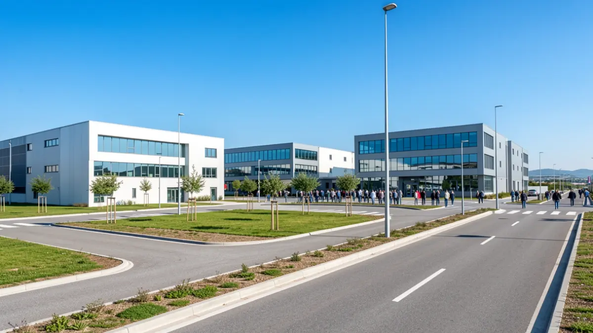 Generic image of a modern industrial park with office buildings.