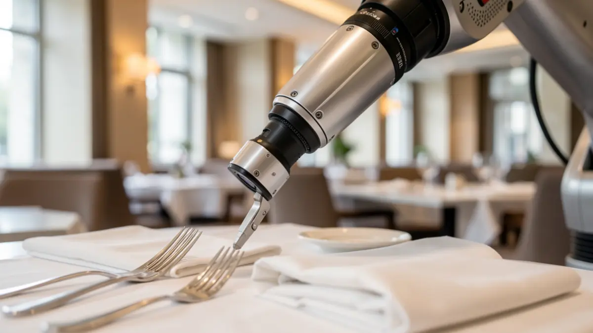 Primer plano de un brazo robótico realizando una tarea delicada en un entorno hotelero moderno, con iluminación profesional.
