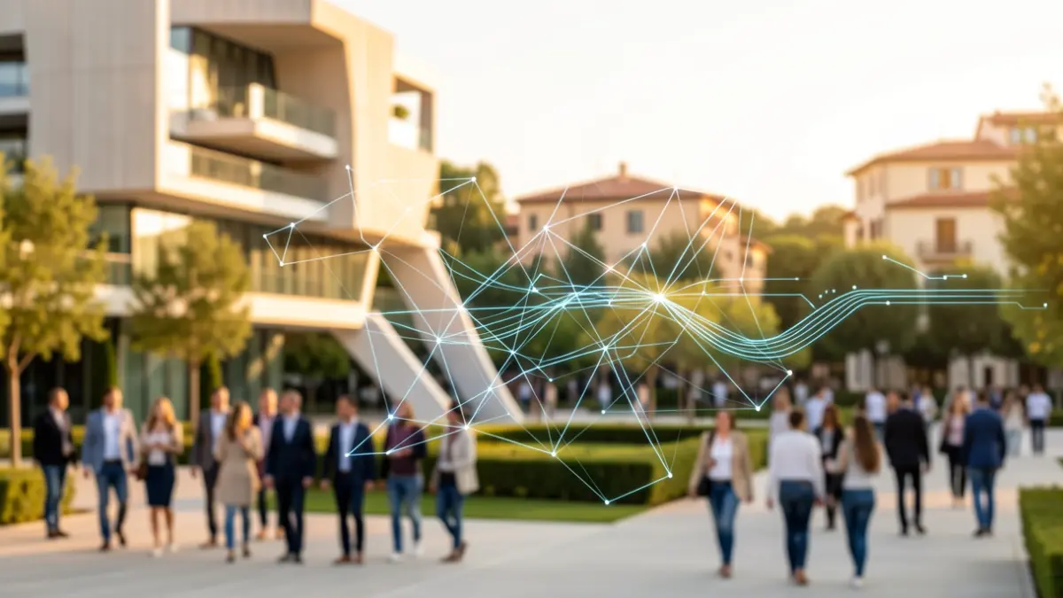 Generic image of an urban technology park with modern architecture and abstract data flow elements.