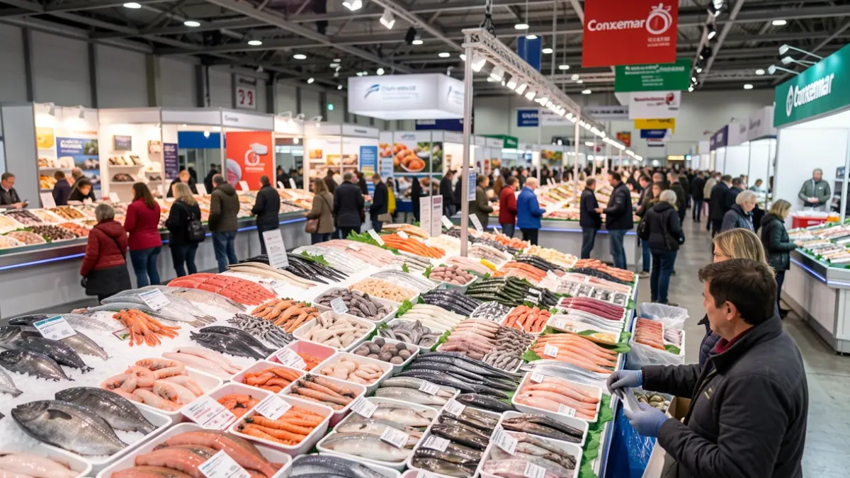 Imaxe panorámica da feira internacional de produtos do mar conxelados Conxemar en Vigo, con postos e asistentes difuminados ao fondo.