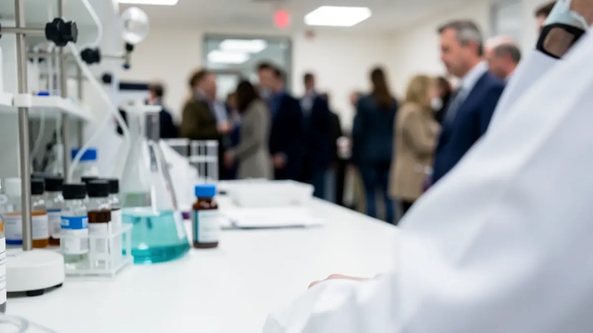 Generic image of a pharmaceutical laboratory with blurred scientific equipment.