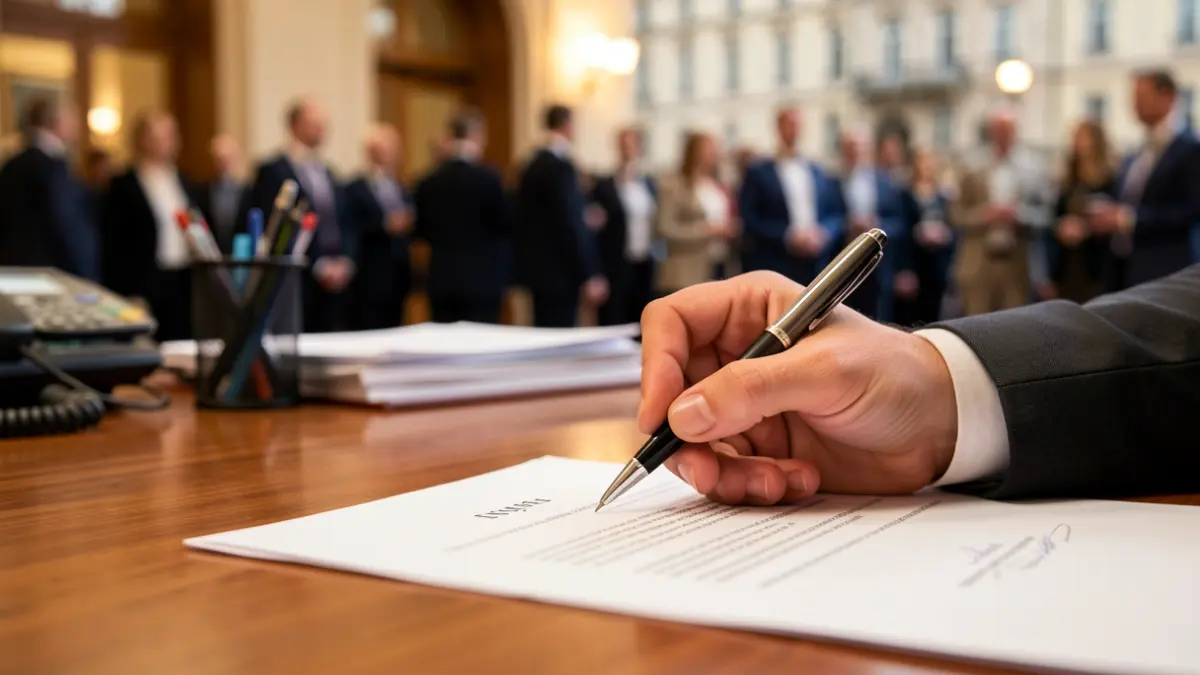 Generic image of a hand about to sign a document on an office desk.