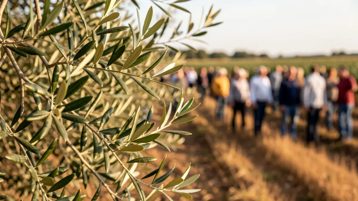 Close-up of olive tree leaves and branches with a blurred field background, representing precision and sustainable agriculture.