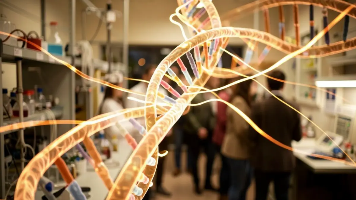 Imagen genérica de cadenas de ADN y líneas abstractas que representan actividad génica en un laboratorio.