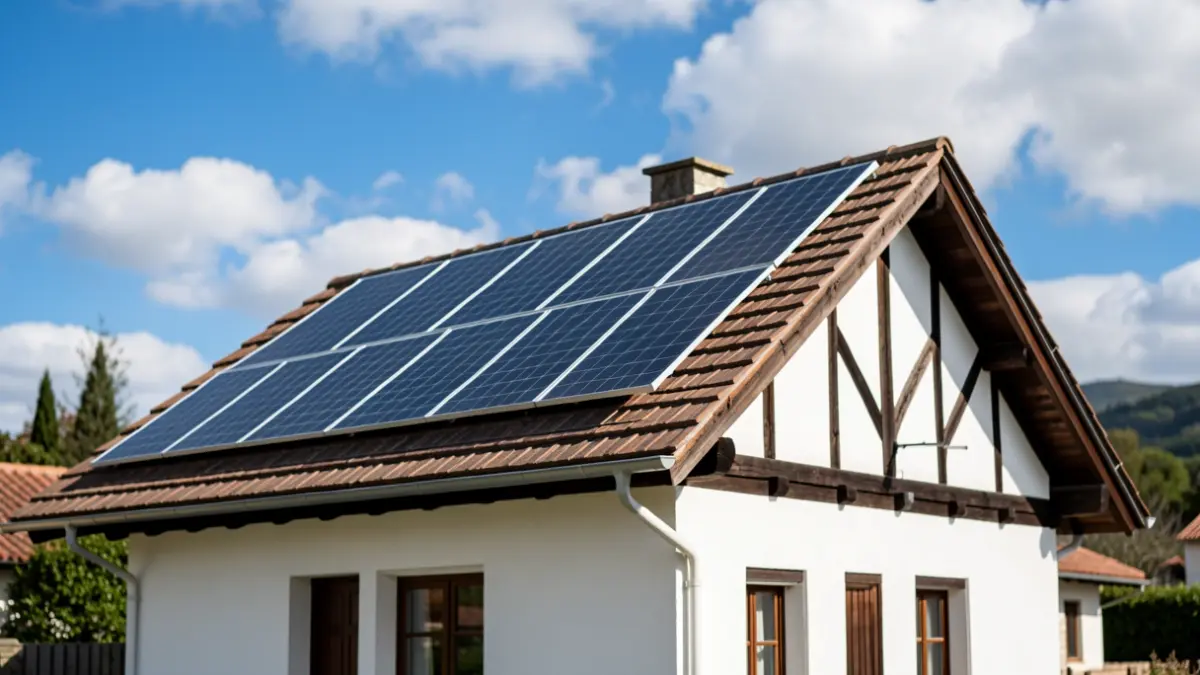 Modern solar panels installed on the roof of a Basque-style house with white walls and dark wooden beams, under a bright blue sky with scattered clouds.