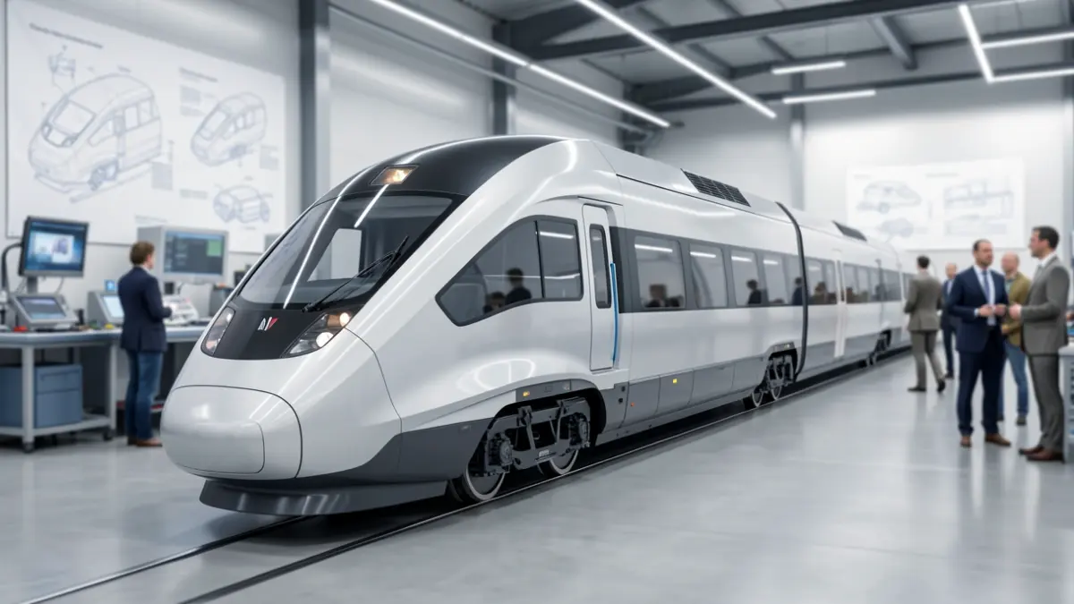 Concepto de diseño de tren de alta velocidad moderno y elegante, centrado en elementos de tracción modular y sostenible, en un entorno futurista.