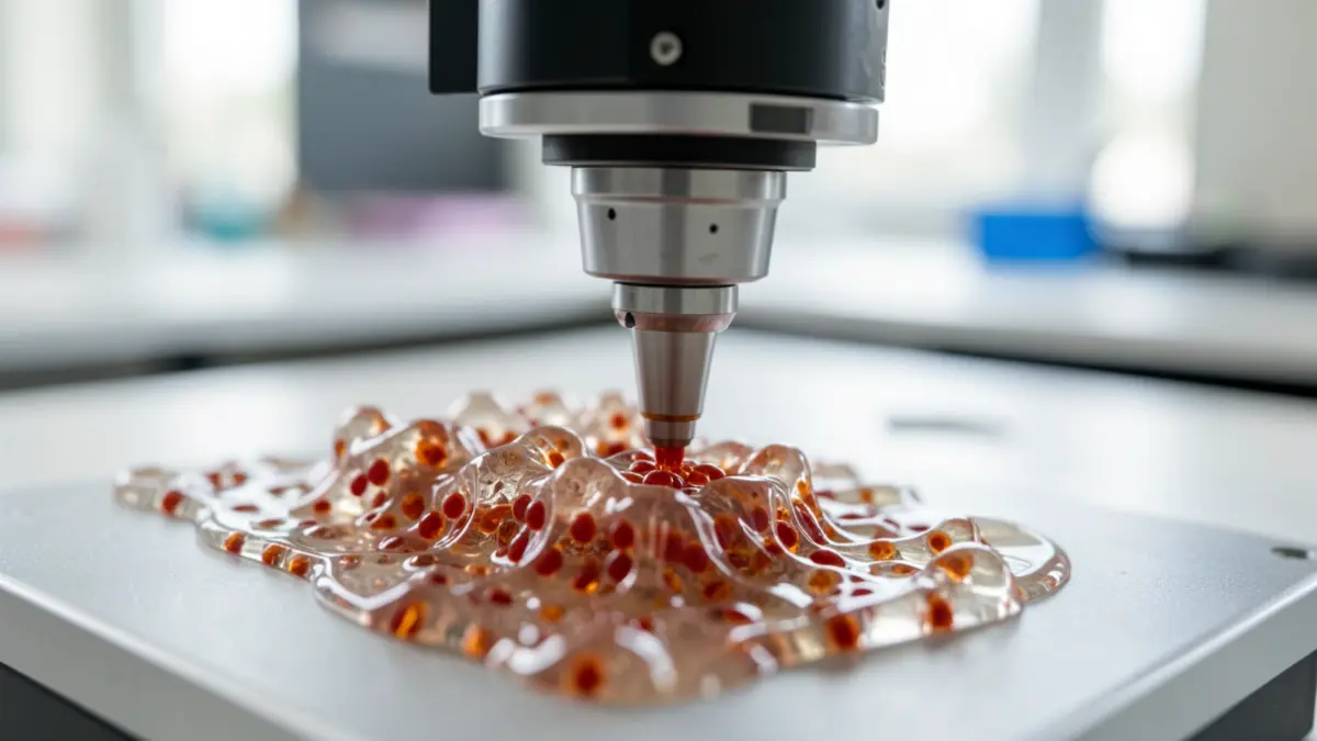 Generic image: Close-up of a 3D bioprinter creating cell-laden hydrogel tissue structures. Soft laboratory lighting.