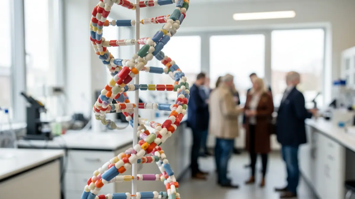 Imagen de un modelo de hélice de ADN hecho de péptidos sintéticos en un laboratorio.