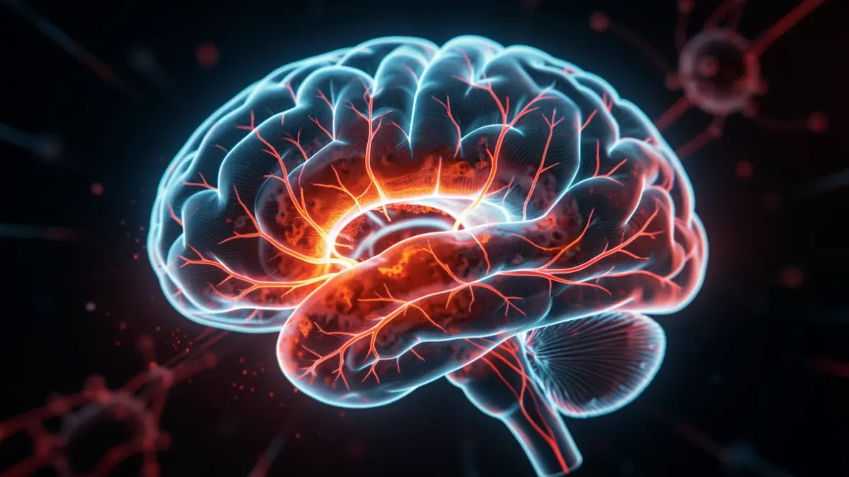 Ilustración científica abstracta de un cerebro con vías neuronales inflamadas y señales de estrés.