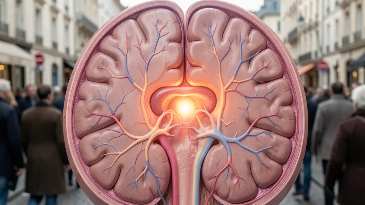 Corte transversal del cerebro humano con vías neuronales y una sutil inflamación en el hipotálamo.