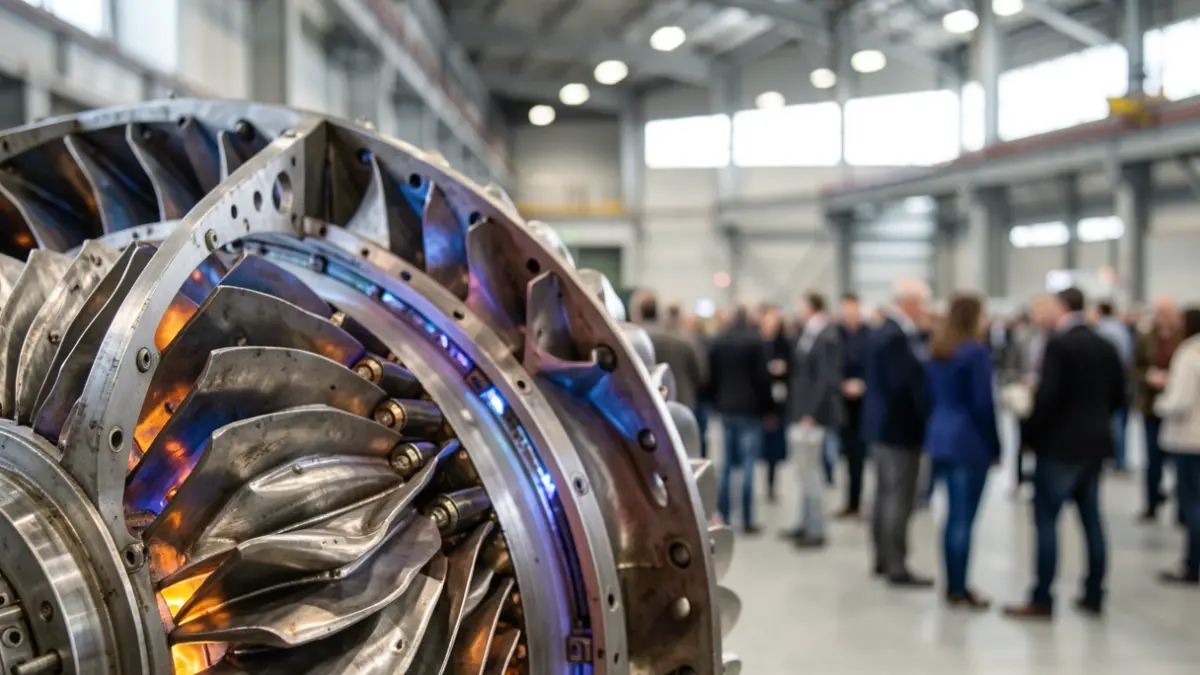 Imaxe dunha turbina de gas con detalles metálicos complexos e un lixeiro brillo azul e laranxa.
