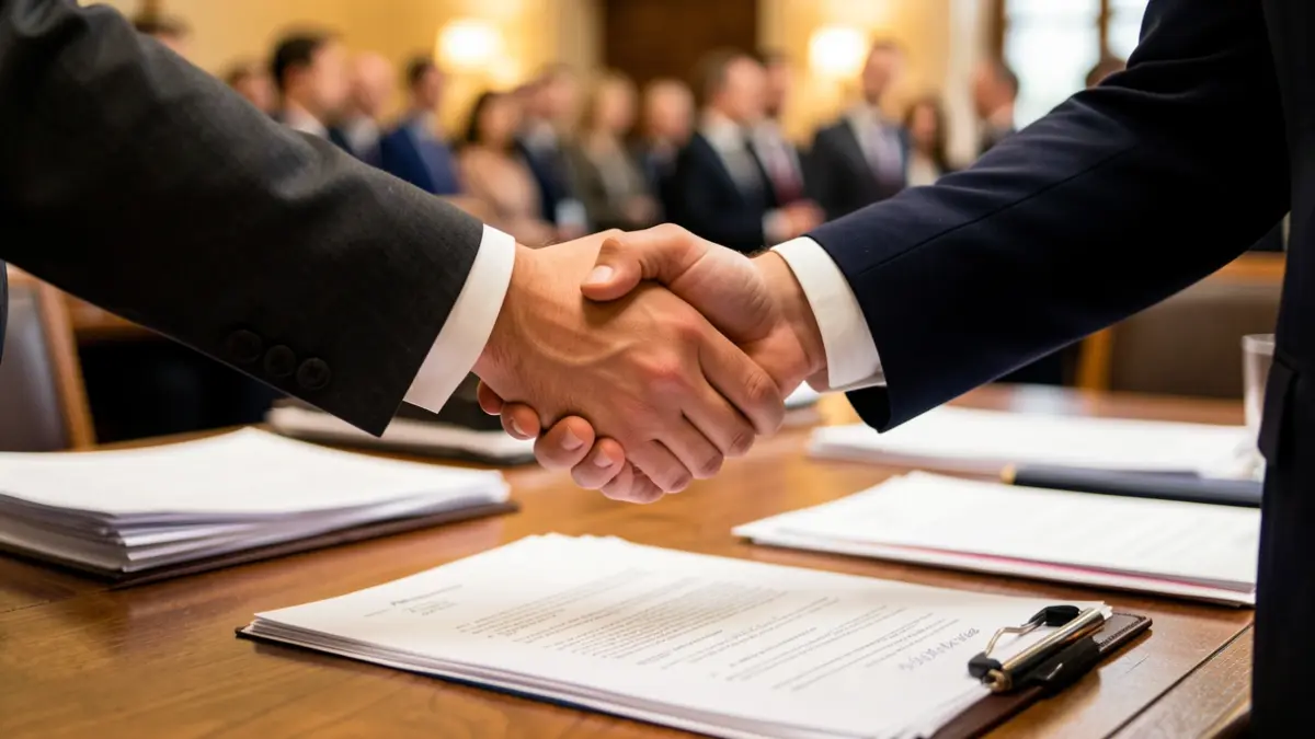 Generic image of two hands shaking over a table with documents.
