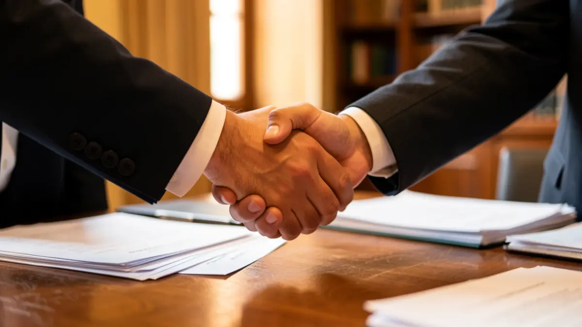 Dos manos de traje formal estrechándose sobre una mesa con papeles desenfocados.