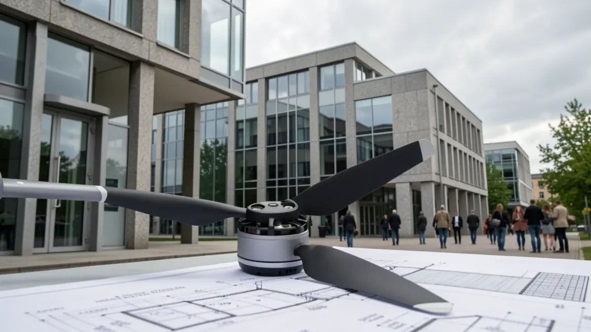 Generic image of a modern university building with granite elements and a drone.