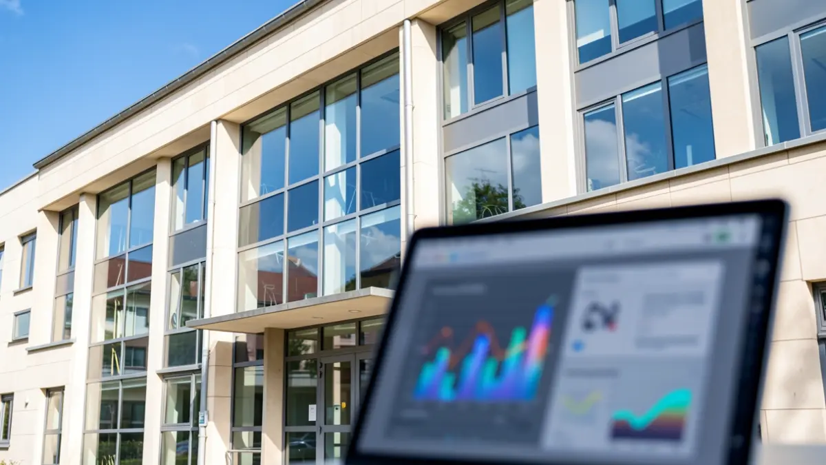 Imaxe xenérica de fachada universitaria con fiestras grandes e un portátil desenfocado mostrando datos.