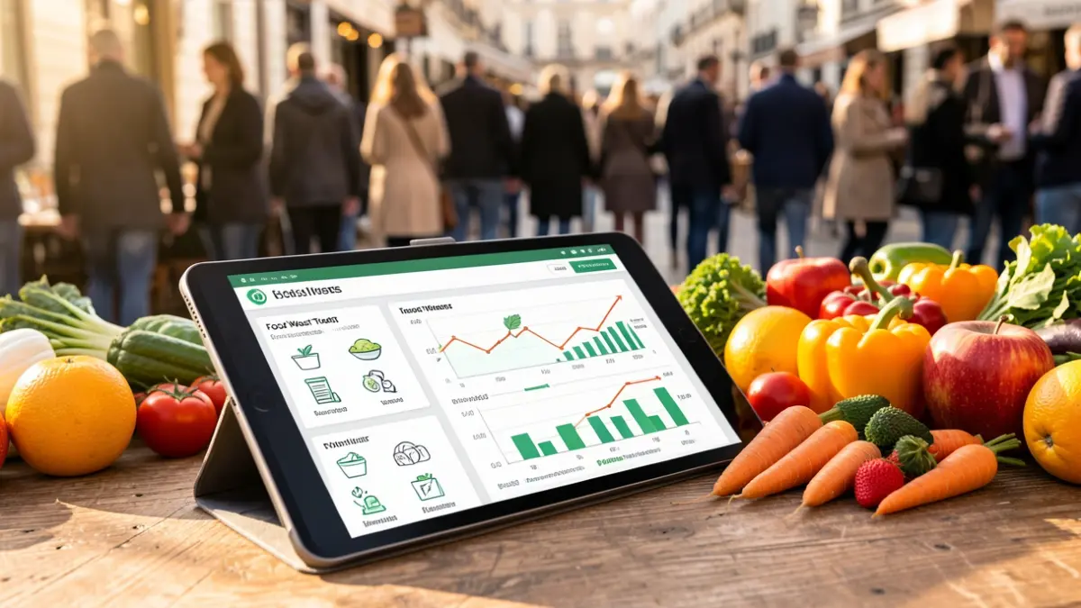Tablet screen showing food waste reduction graphs.