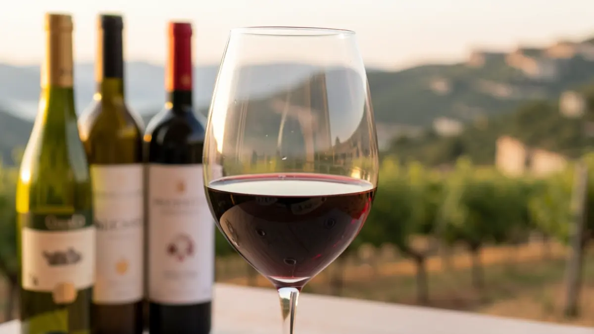 Glass of Alicante DO wine with bottles and Alicante landscape in the background.