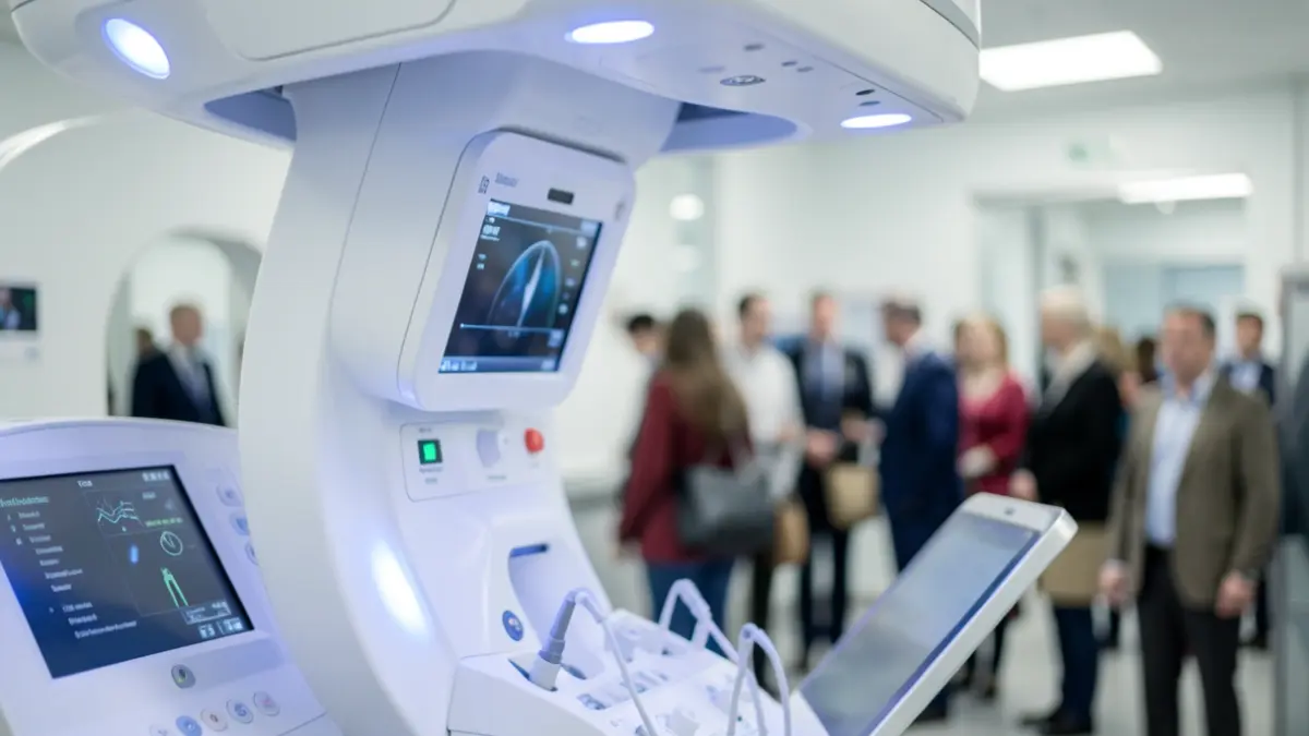 Close-up of a modern, high-tech medical scanner with soft blue and white lights.