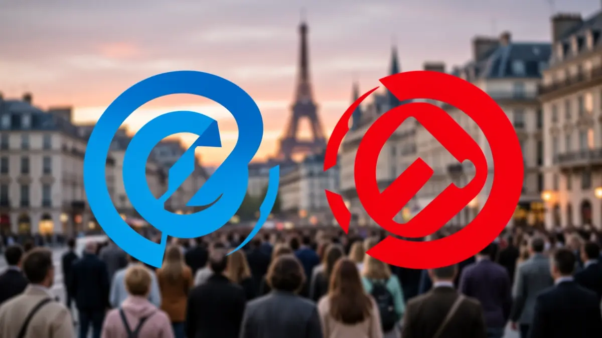 Dos logos abstractos de startups, uno azul y otro rojo, sobre un fondo difuminado de la silueta de una ciudad europea al atardecer.