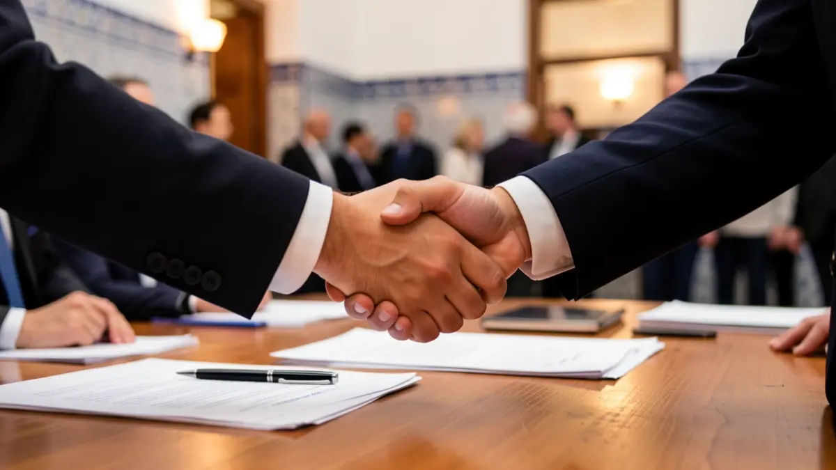 Hands of two businessmen shaking over a desk with documents, symbolizing a collaboration agreement.